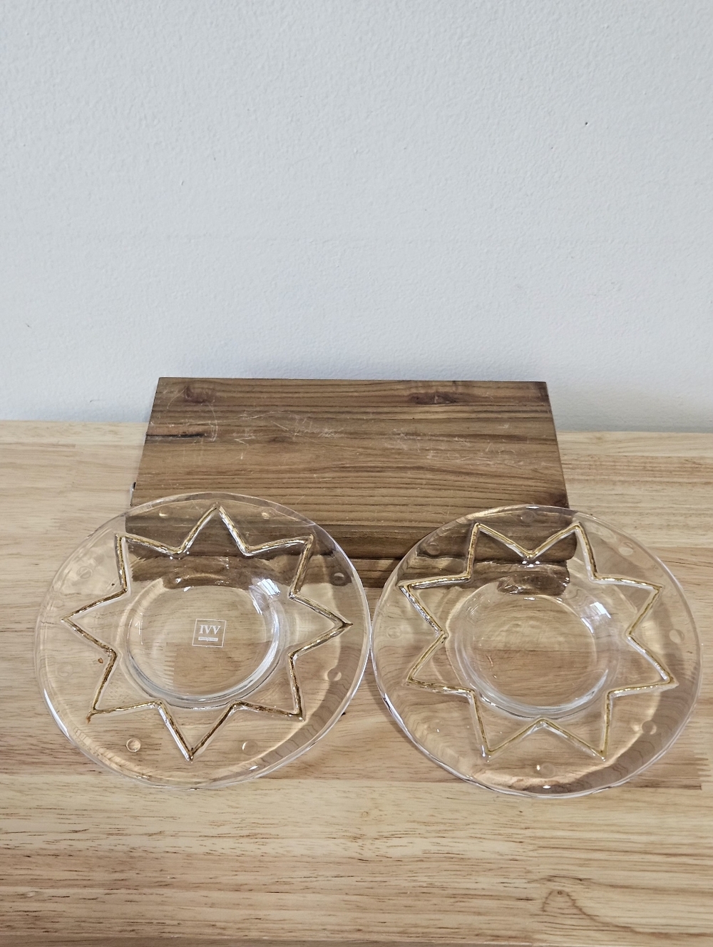 Pair of Italian IVV Glass and Gold Trimmed Candle Holders